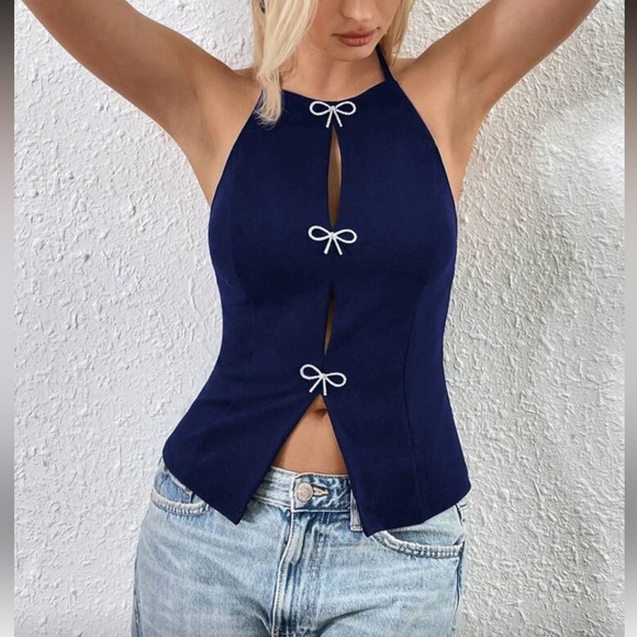 Elegant Navy Blue Halter Top - Picture 1 of 16